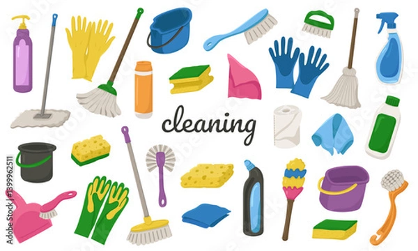Obraz Big Vector Set of Items for Spring Cleaning of the House. Illustration for various designs with attributes for cleaning.