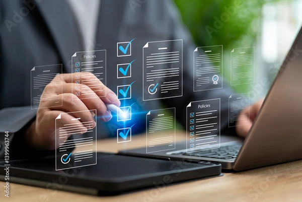 Obraz Policies documentation online, Checklist concept. Businessman checks policies document compliance, certificate, Financial details. Policy management company articles of association Quality inspection