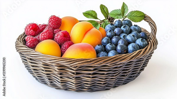 Fototapeta Fresh basket of mixed berries and apricots with green leaves