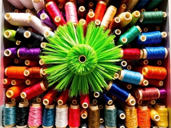 Fototapeta Colorful spools of thread with green decorative element