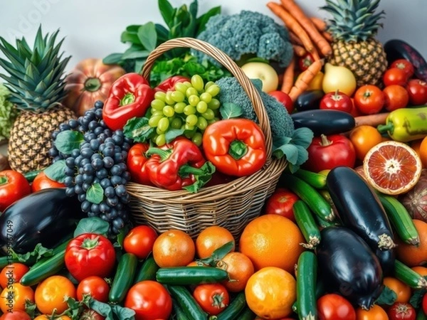 Obraz Basket overflowing with fresh fruit and vegetables
