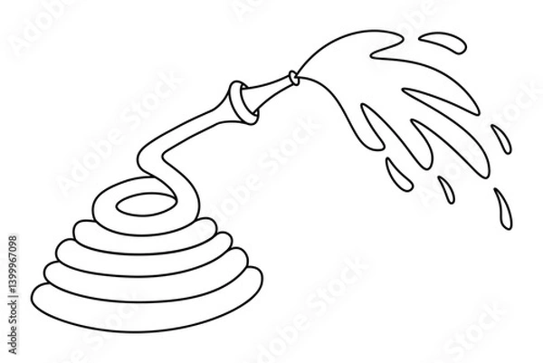 Fototapeta Garden hose for watering the vegetable garden. Water flows from the spout and splashes fly. Fire hose in a folded form. Sketch. Vector illustration. Outline on an isolated white background. Doodle 