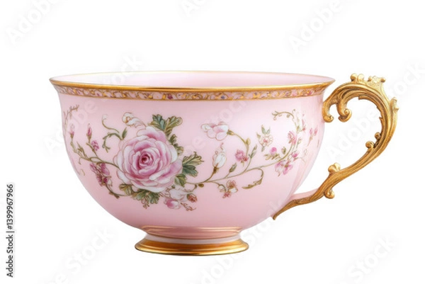 Fototapeta Close up of a pink teacup with floral design and golden handle trim