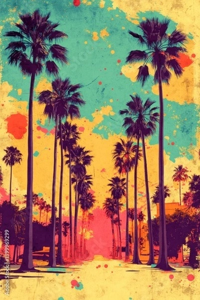 Fototapeta Vibrant Palm Tree Alleyway, Retro-Inspired Graphic