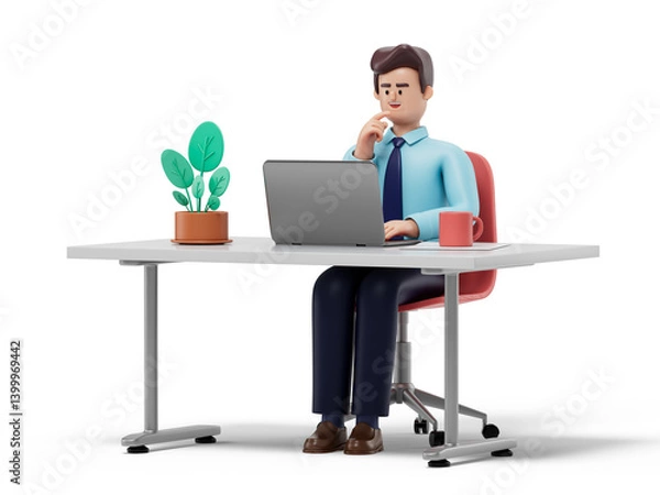 Fototapeta A man sits at a desk, laptop open, hand to chin, symbolizing deep thought and focus. 3D rendering, conceptual image. Isolated on white background.