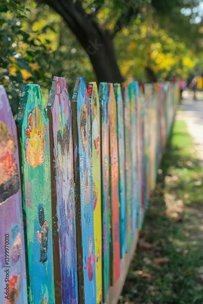 Fototapeta A fence near a park turns into a timeline of community events. Families paint their favorite moments together. Smiles and quiet laughter fill the space