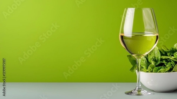Obraz Elegant White Wine Glass and Green Garnish on a Vibrant Green Background