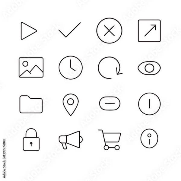 Fototapeta Icon Set for Digital Interface: A comprehensive collection of clean and minimalist icons designed to elevate digital interfaces, encompassing a range of functionalities for intuitive user experience.