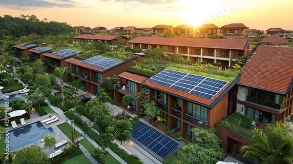 Obraz Eco Friendly Luxury Villas with Solar Panels and Green Roofs at Sunset