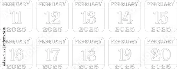 Fototapeta February 2025 calendar line art icon set .Agenda plan, feb month schedule calendar and Time planner.Meeting appointment time.Calendar Event schedule date.calendar date icon on white background.