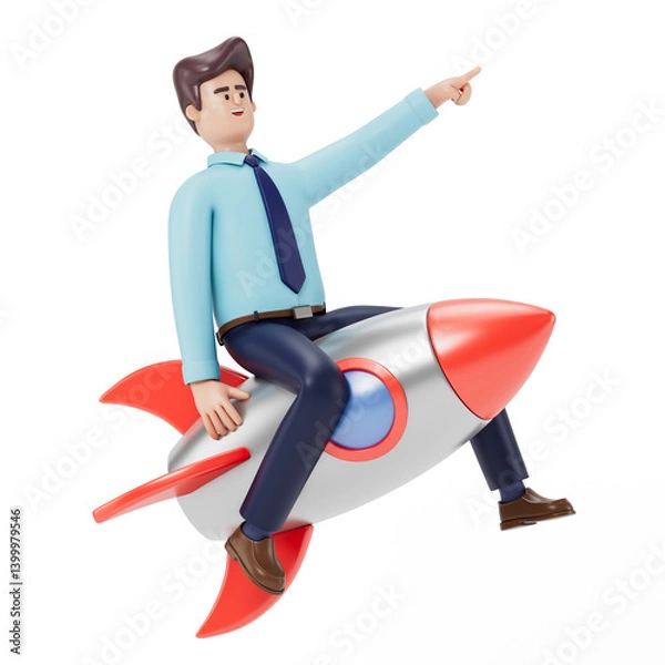 Obraz A man rides a rocket, pointing forward, symbolizing fast progress and ambition. 3D rendering, conceptual image. Isolated on white background.
