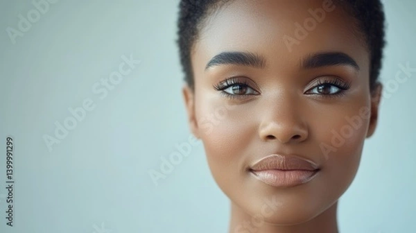 Fototapeta Ad-ready image of a woman with flawless skin, neutral expression, and pure white background gradient.