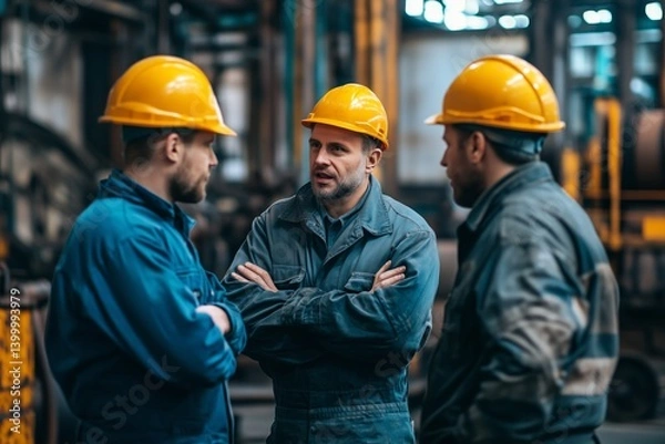 Obraz Content manual workers chatting while collaborating at a metal production facility