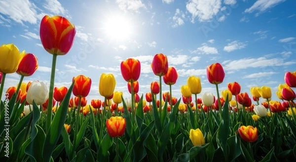 Fototapeta Vibrant Field of Red and Yellow Tulips Under Sunny Sky with Fluffy Clouds – Spring Landscape