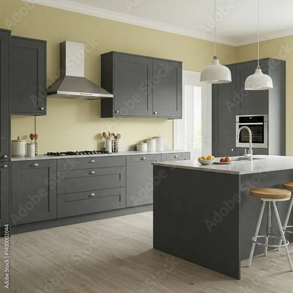 Fototapeta Modern Light Grey Kitchen with Lemon Walls, Beige Counters, Wood Dining & Abstract Grey-Framed Accent Wall on Beige/Brown Tiles