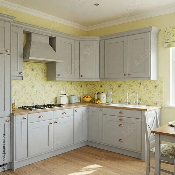 Fototapeta Modern Light Grey Kitchen with Lemon Walls, Beige Counters, Wood Dining & Abstract Grey-Framed Accent Wall on Beige/Brown Tiles