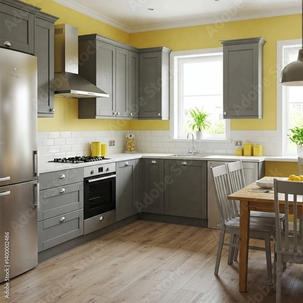 Fototapeta Modern Light Grey Kitchen with Lemon Walls, Beige Counters, Wood Dining & Abstract Grey-Framed Accent Wall on Beige/Brown Tiles