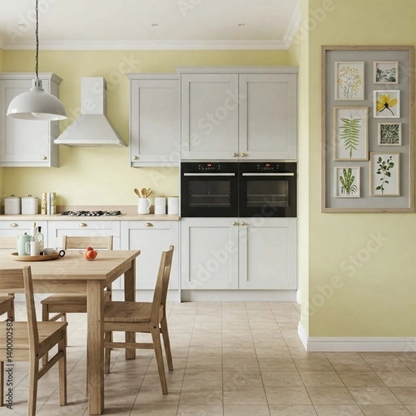 Fototapeta Modern Light Grey Kitchen with Lemon Walls, Beige Counters, Wood Dining & Abstract Grey-Framed Accent Wall on Beige/Brown Tiles