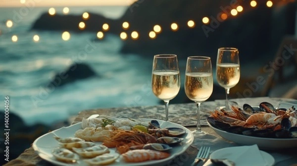 Obraz Elegant seaside dinner table under string lights, plates of seafood, and glasses of white wine with waves gently crashing in the background.