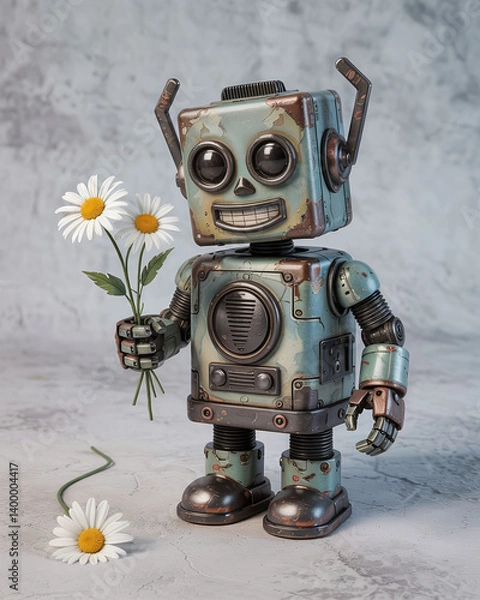 Fototapeta Vintage Metal Robot Bearing Daisies: An Ode to Retro-Futurism with Whimsical Florals and Rustic Patina, Merging Sentimental Artificiality in a Retro-Tech Aesthetic Imagery