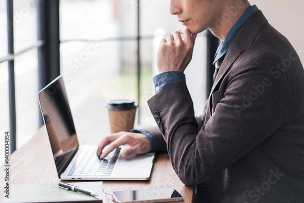 Fototapeta ノートパソコンを開き考えている日本人男性。