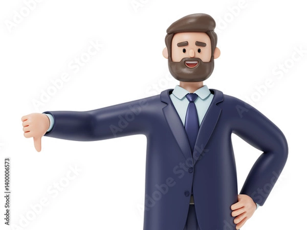 Fototapeta A man gives a thumbs down, symbolizing disapproval or rejection. 3D rendering, conceptual image. Isolated on white background.