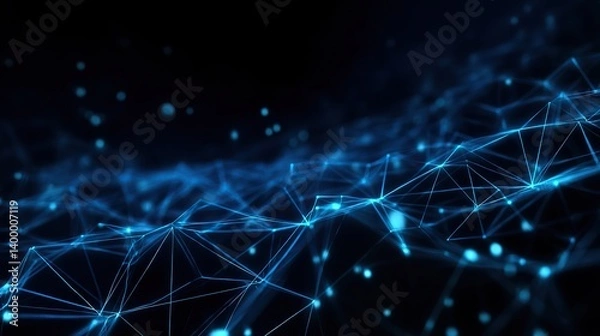 Obraz An abstract technological background, featuring blue glowing lines and dots in a dark sky, forms a digital connectivity concept with a futuristic web design.