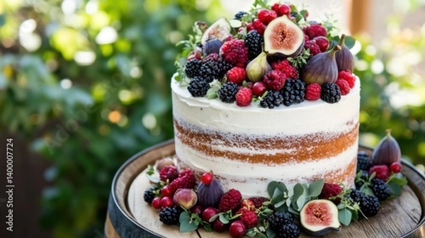 Fototapeta Frosted naked cake with berries, figs, and herbs displayed on rustic wooden barrels.