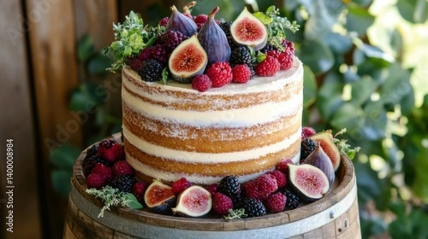Fototapeta Frosted naked cake with berries, figs, and herbs displayed on rustic wooden barrels.