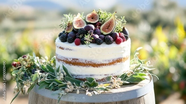 Fototapeta Frosted naked cake with berries, figs, and herbs displayed on rustic wooden barrels.
