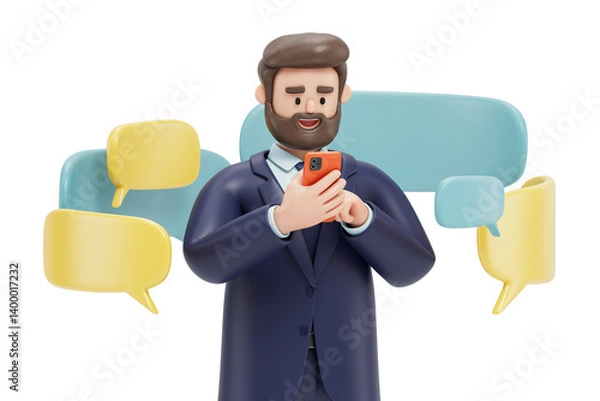 Obraz A man uses a smartphone with speech bubbles, symbolizing digital communication or social media interaction. 3D rendering, conceptual image. Isolated on white background.