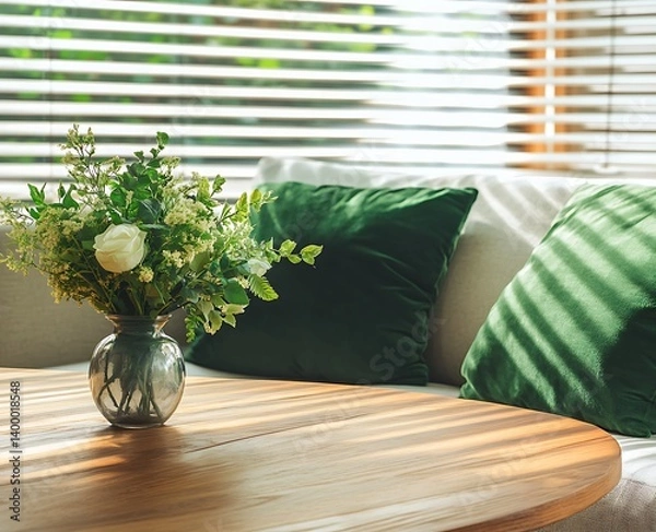 Fototapeta Wooden coffee table with green pillows and flowers in a vase on a sofa against a window with blinds in the interior of a modern living room, close-up view