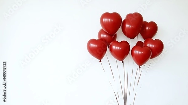 Fototapeta A group of red heart shaped balloons on a white wall