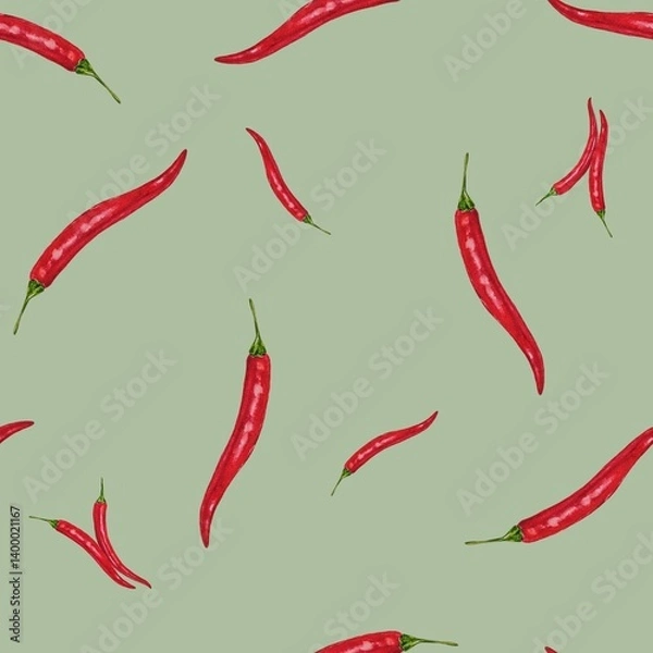 Fototapeta Bright seamless pattern with red chili pepper pods on a soft green background. Watercolor style with an appetizing accent. Perfect for packaging, fabrics, wallpapers and culinary design.