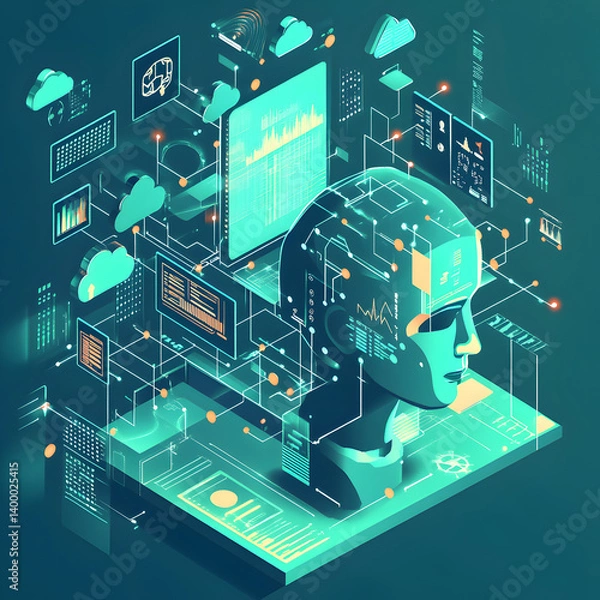 Fototapeta Integrating business ai digital ecosystem graphic representation virtual workspace futuristic concept