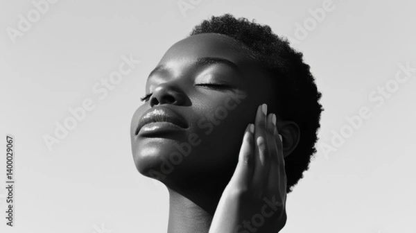 Fototapeta Skincare-themed image with model softly caressing her cheek, showcasing beauty and empowerment.