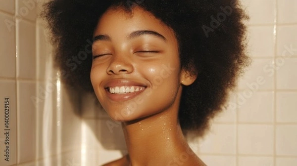 Fototapeta Soft lighting and elegant framing of a serene woman smiling, promote clean beauty and confidence.