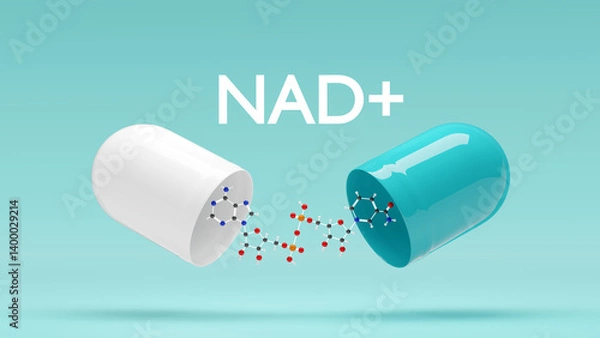 Obraz NAD lettering and open capsule with Nicotinamide adenine dinucleotide molecular structure on blue background. Concept of NAD anti-aging therapy and self care. 3d illustration, rendered.