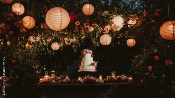 Fototapeta Soft-lit evening wedding with cake illuminated by lanterns and surrounded by floral arrangements.