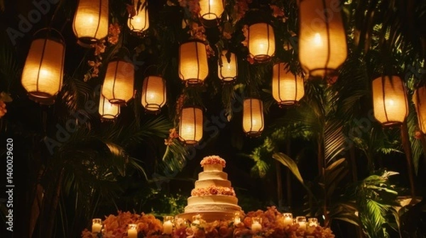 Fototapeta Soft-lit evening wedding with cake illuminated by lanterns and surrounded by floral arrangements.
