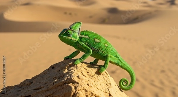Fototapeta A chameleon changing color to match desert sand.