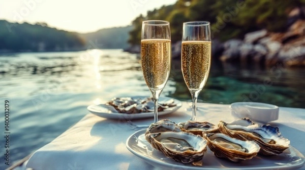 Fototapeta Wide-angle 4K image of a luxurious seaside table setting with champagne, oysters, and the sea in the distance.