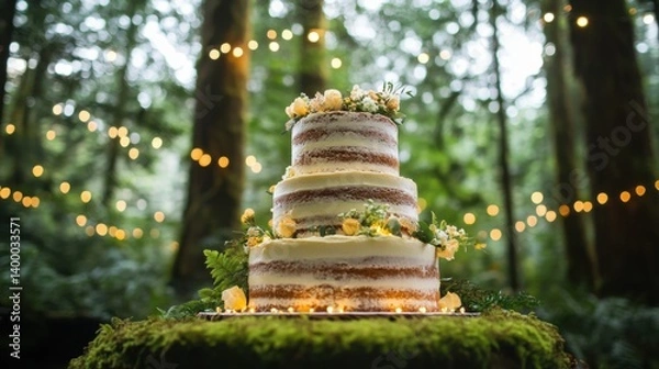 Obraz Wide-angle of a whimsical woodland wedding cake surrounded by moss and fairy lights.