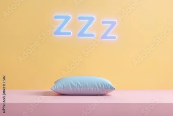 Obraz Minimalistische Szene mit pastellblauem Kissen auf pastellrosa Fläche, darüber schwebende pastelllavendelfarbene „Z“-Symbole vor pastellgelbem Verlauf – Symbol für erholsamen Schlaf und Regeneration  