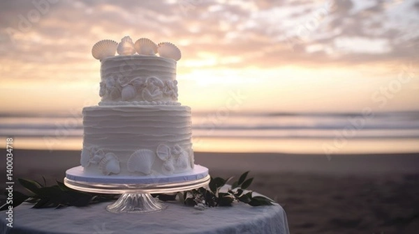 Fototapeta Wide-angle shot of wedding cake at sunset beach reception, minimalist white design with seashell details.