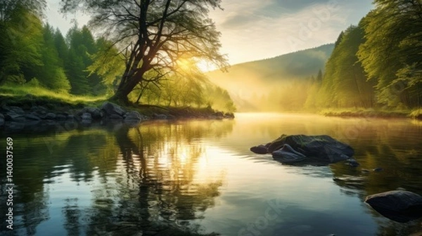 Fototapeta Tranquil scene of a panoramic landscape with sunset and sky over idyllic lake and river with reflection