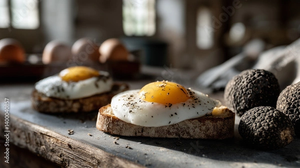 Fototapeta Savory breakfast spread with eggs, toast, and fresh truffles in rustic kitchen setting during morning hours Generative AI