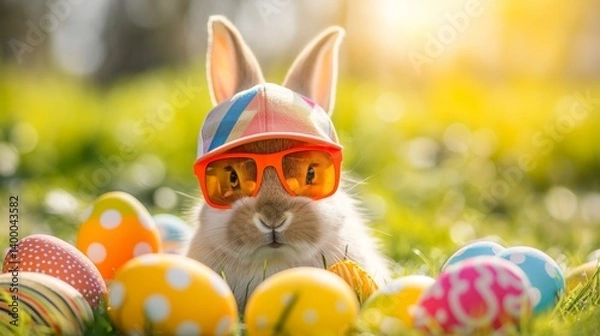 Fototapeta funny Easter bunny with sunglasses and cap sits in the grass with colourful Easter eggs