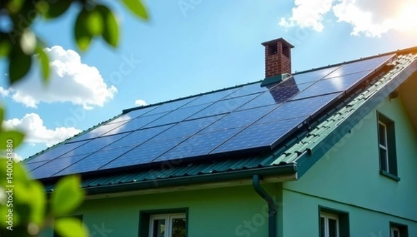Fototapeta Close up of solar panels installed on rooftop of stylish green home, close up, design, eco-friendly