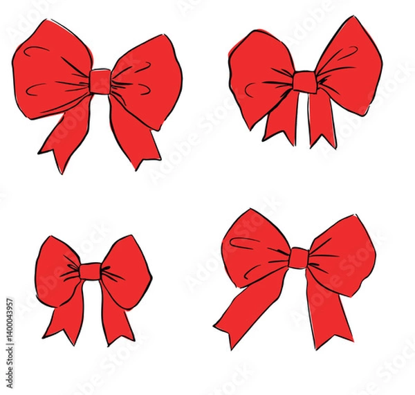 Obraz Hand drawn Set Red Bow, Sketch Bow Isolated On White Background Vector, Elements of the holiday for design